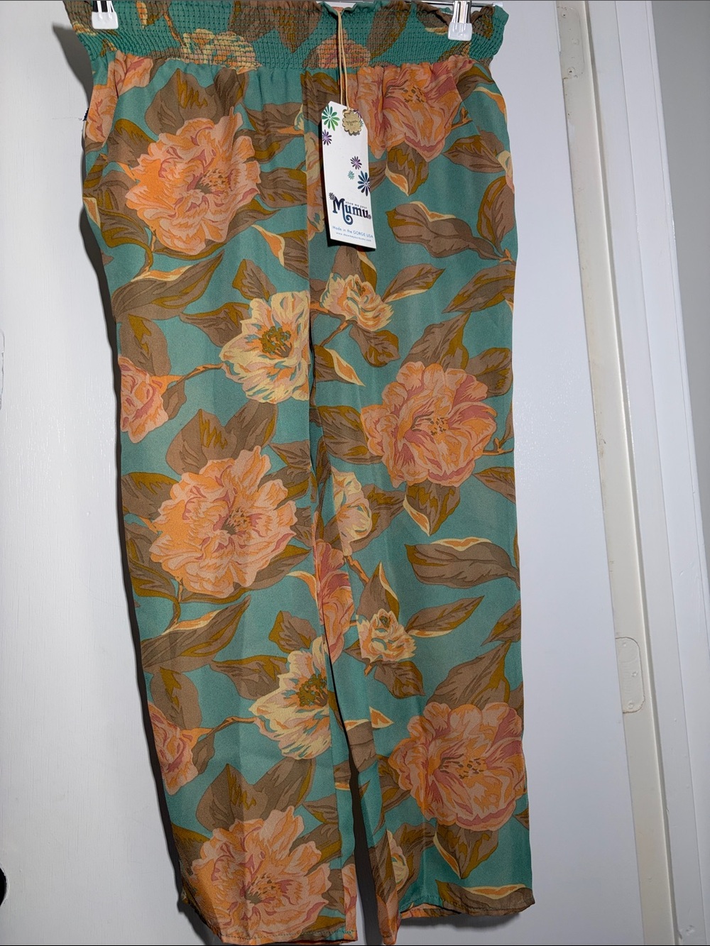 Show Me Your MuMu Teal Wide-Leg Floral Pants with Peach Blooms